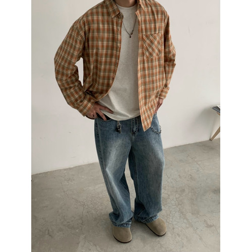 美式復古水洗爆裂紋藍色牛仔褲男vintage寬松濶腿堆堆感休閒長褲 美式復古水洗爆裂紋藍色牛仔褲男vintage寬松濶腿堆堆感休閒長褲