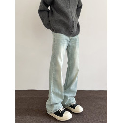 美式冰藍色水洗牛仔褲男潮牌新款高街直筒顯瘦cleanfit微喇長褲子