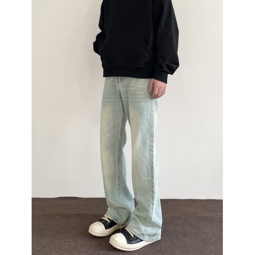 美式冰藍色水洗牛仔褲男潮牌新款高街直筒顯瘦cleanfit微喇長褲子 美式冰藍色水洗牛仔褲男潮牌新款高街直筒顯瘦cleanfit微喇長褲子