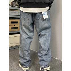 春秋美式休閒痞帥做舊胖子牛仔褲男直筒寬松加大碼微喇濶腿褲子