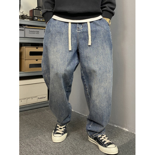 春秋美式休閒痞帥做舊胖子牛仔褲男直筒寬松加大碼微喇濶腿褲子