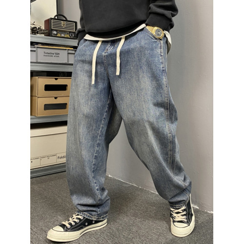 春秋美式休閒痞帥做舊胖子牛仔褲男直筒寬松加大碼微喇濶腿褲子