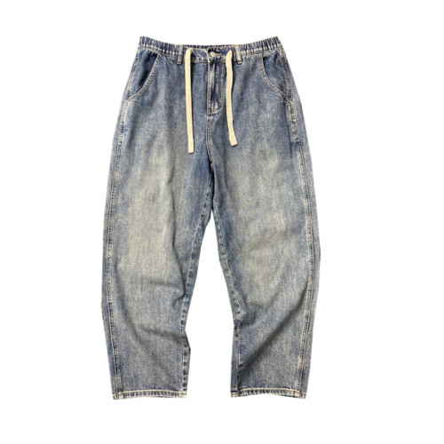 春秋美式休閒痞帥做舊胖子牛仔褲男直筒寬松加大碼微喇濶腿褲子