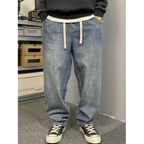 春秋美式休閒痞帥做舊胖子牛仔褲男直筒寬松加大碼微喇濶腿褲子