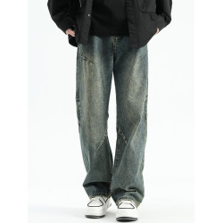 悟空有貨美式潮牌做舊小衆直筒牛仔褲男復古寬松潮流百搭濶腿長褲