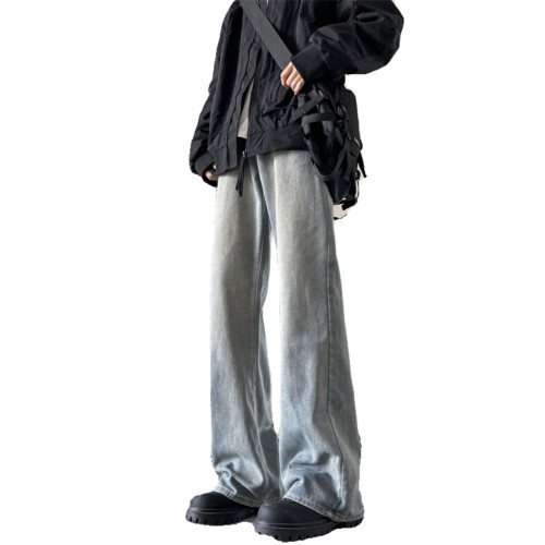 水洗做舊微喇牛仔褲男款春秋季美式ins復古寬松百搭休閒拖地長褲