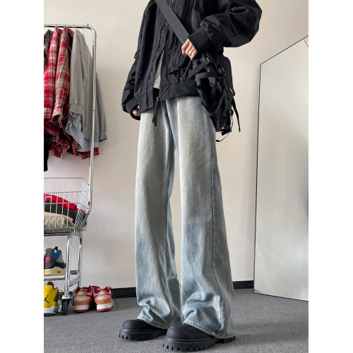 水洗做舊微喇牛仔褲男款春秋季美式ins復古寬松百搭休閒拖地長褲