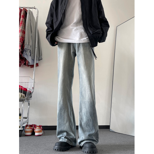 水洗做舊微喇牛仔褲男款春秋季美式ins復古寬松百搭休閒拖地長褲
