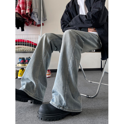 水洗做舊微喇牛仔褲男款春秋季美式ins復古寬松百搭休閒拖地長褲