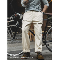 馬登工裝輕美式復古棉籽殼白色牛仔褲寬松直筒濶腿休閒長褲子男秋