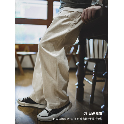 馬登工裝輕美式復古棉籽殼白色牛仔褲寬松直筒濶腿休閒長褲子男秋 馬登工裝輕美式復古棉籽殼白色牛仔褲寬松直筒濶腿休閒長褲子男秋