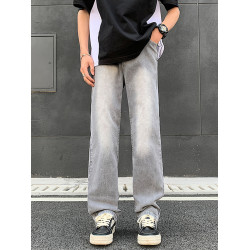 菸灰色微喇牛仔褲男做舊水洗美式直筒褲子高街寬松復古休閒長褲子