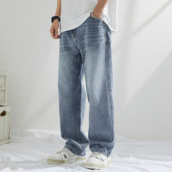 垂感直筒濶腿褲子男夏季寬松大碼牛仔褲ins痞帥港風拖地簡約長褲