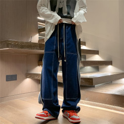 美式vintage牛仔褲男款春秋vibe高街復古拼接濶腿褲寬松直筒長褲