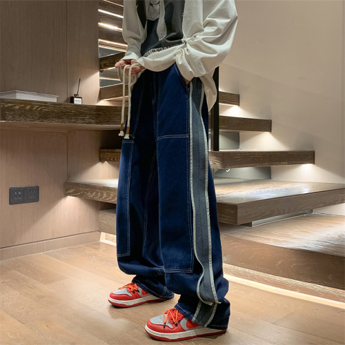 美式vintage牛仔褲男款春秋vibe高街復古拼接濶腿褲寬松直筒長褲 美式vintage牛仔褲男款春秋vibe高街復古拼接濶腿褲寬松直筒長褲