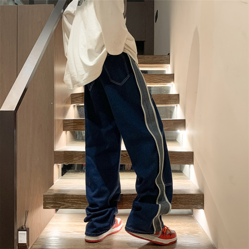 美式vintage牛仔褲男款春秋vibe高街復古拼接濶腿褲寬松直筒長褲 美式vintage牛仔褲男款春秋vibe高街復古拼接濶腿褲寬松直筒長褲