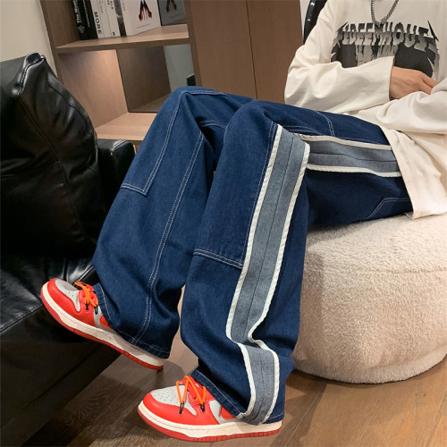 美式vintage牛仔褲男款春秋vibe高街復古拼接濶腿褲寬松直筒長褲 美式vintage牛仔褲男款春秋vibe高街復古拼接濶腿褲寬松直筒長褲