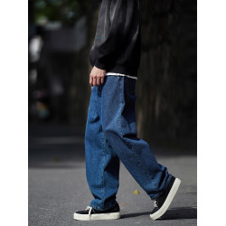 美式vibe高街復古水洗深藍濶腿牛仔褲男潮牌寬松直筒休閒垂感長褲