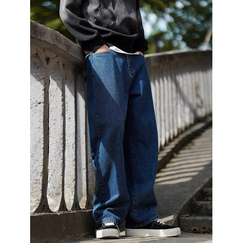 美式vibe高街復古水洗深藍濶腿牛仔褲男潮牌寬松直筒休閒垂感長褲 美式vibe高街復古水洗深藍濶腿牛仔褲男潮牌寬松直筒休閒垂感長褲