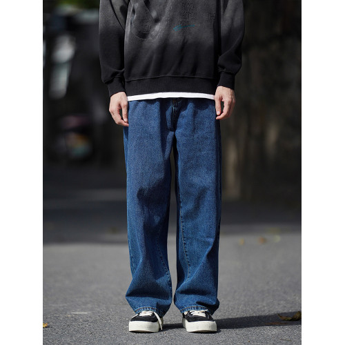 美式vibe高街復古水洗深藍濶腿牛仔褲男潮牌寬松直筒休閒垂感長褲 美式vibe高街復古水洗深藍濶腿牛仔褲男潮牌寬松直筒休閒垂感長褲