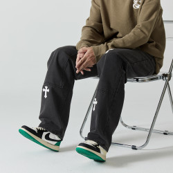 春秋季十字架牛仔褲男bf寬松直筒休閒高街潮牌設計感小衆長褲