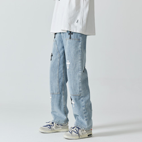 春秋季十字架牛仔褲男bf寬松直筒休閒高街潮牌設計感小衆長褲