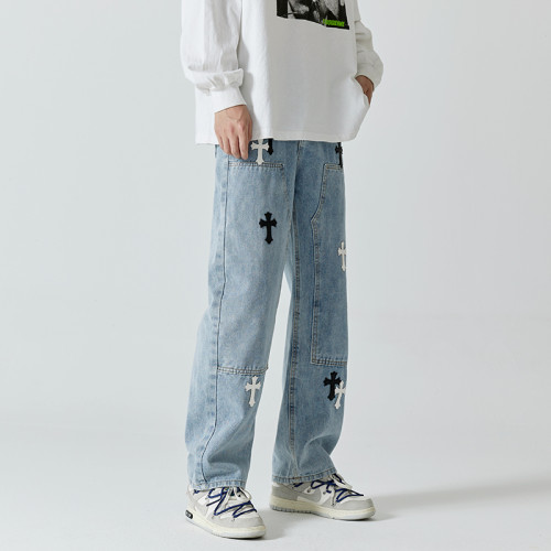 春秋季十字架牛仔褲男bf寬松直筒休閒高街潮牌設計感小衆長褲