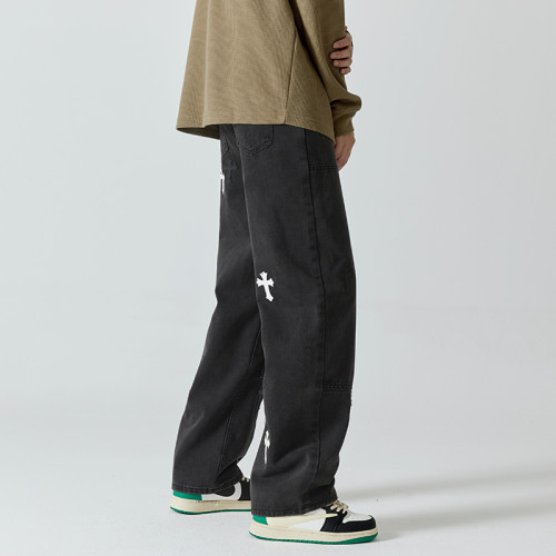 春秋季十字架牛仔褲男bf寬松直筒休閒高街潮牌設計感小衆長褲