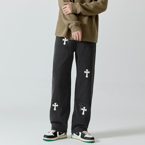 春秋季十字架牛仔褲男bf寬松直筒休閒高街潮牌設計感小衆長褲