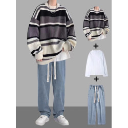 條紋毛衣套裝男秋冬季外套加厚寬松搭配一套休閒男裝線衣三件套