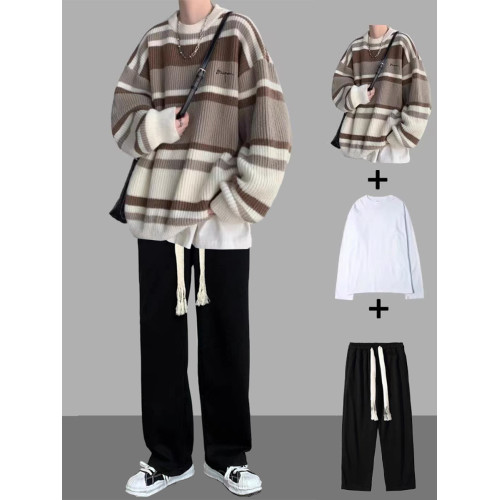 條紋毛衣套裝男秋冬季外套加厚寬松搭配一套休閒男裝線衣三件套