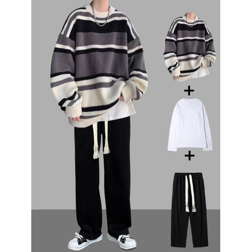 條紋毛衣套裝男秋冬季外套加厚寬松搭配一套休閒男裝線衣三件套