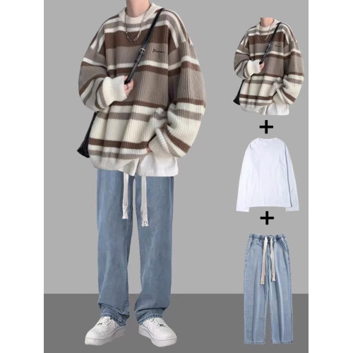 條紋毛衣套裝男秋冬季外套加厚寬松搭配一套休閒男裝線衣三件套