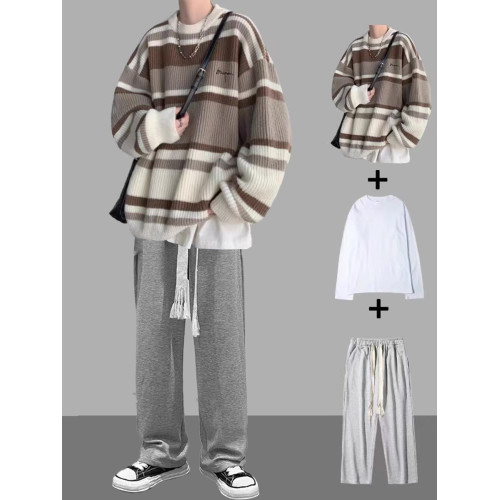 條紋毛衣套裝男秋冬季外套加厚寬松搭配一套休閒男裝線衣三件套