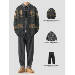 LAZY DAY原創男裝美式復古V領撞色開衫毛衣男秋冬寬鬆針織衫外套