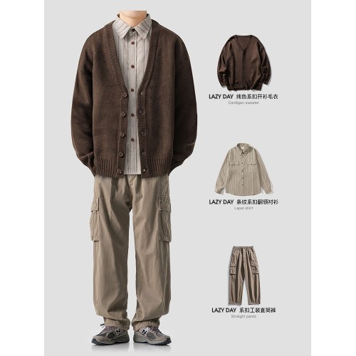 LAZY DAY原創男裝美式復古V領撞色開衫毛衣男秋冬寬鬆針織衫外套 LAZY DAY原創男裝美式復古V領撞色開衫毛衣男秋冬寬鬆針織衫外套