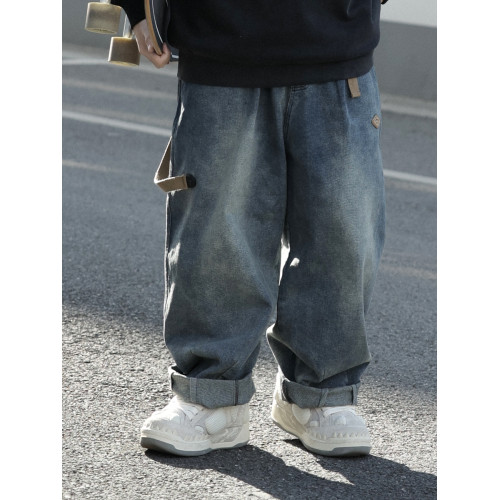 LIIISTORE2024春款復古水洗做舊牛仔褲可調腰圍濶腿直筒休閒長褲 LIIISTORE2024春款復古水洗做舊牛仔褲可調腰圍濶腿直筒休閒長褲