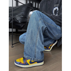 V37美式街頭復古藍濶腿牛仔褲男秋季潮牌水洗做舊直筒寬松長褲子