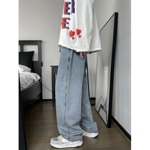 V37美式街頭復古藍濶腿牛仔褲男秋季潮牌水洗做舊直筒寬松長褲子 V37美式街頭復古藍濶腿牛仔褲男秋季潮牌水洗做舊直筒寬松長褲子