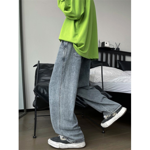 V37美式街頭復古藍濶腿牛仔褲男秋季潮牌水洗做舊直筒寬松長褲子 V37美式街頭復古藍濶腿牛仔褲男秋季潮牌水洗做舊直筒寬松長褲子