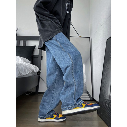 V37美式街頭復古藍濶腿牛仔褲男秋季潮牌水洗做舊直筒寬松長褲子 V37美式街頭復古藍濶腿牛仔褲男秋季潮牌水洗做舊直筒寬松長褲子