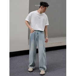 餘樂自製 美式直筒微喇牛仔褲男水洗做舊寬松cleanfit復古藍褲子