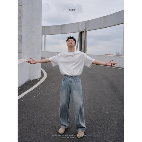 餘樂自製 美式直筒微喇牛仔褲男水洗做舊寬松cleanfit復古藍褲子 餘樂自製 美式直筒微喇牛仔褲男水洗做舊寬松cleanfit復古藍褲子