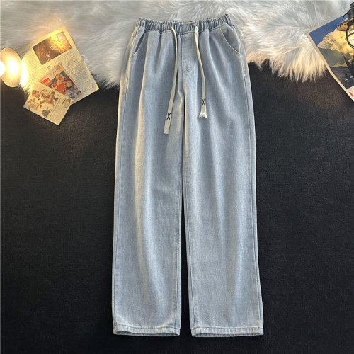 日系抽繩淺色松緊腰牛仔褲男生寬松直筒潮流濶腿休閒拖地長褲子 日系抽繩淺色松緊腰牛仔褲男生寬松直筒潮流濶腿休閒拖地長褲子