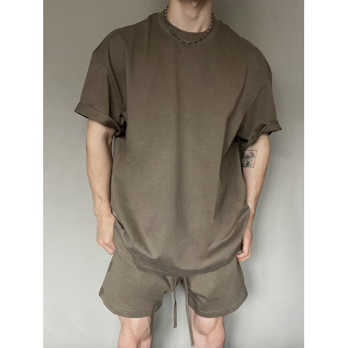 美式305G重磅純色小領口短袖T恤男夏季425G短褲運動休閒寬松套裝 美式305G重磅純色小領口短袖T恤男夏季425G短褲運動休閒寬松套裝