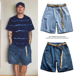 餘文樂工裝牛仔短褲男款潮牌日系復古做舊水洗直筒百搭寬松五分褲
