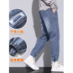 牛仔褲男款彈力松緊腰束腳寬松工裝休閒九分褲哈倫褲耐磨工作褲男