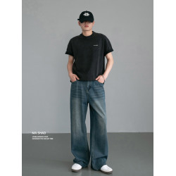 2025秋季美式復古vibe松緊腰牛仔褲男寬松直筒cleanfit濶腿長褲子