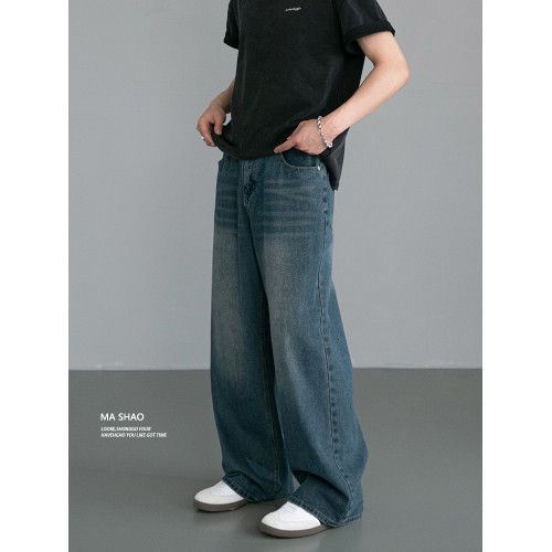 2025秋季美式復古vibe松緊腰牛仔褲男寬松直筒cleanfit濶腿長褲子