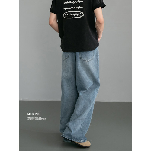 2025秋季美式復古vibe松緊腰牛仔褲男寬松直筒cleanfit濶腿長褲子